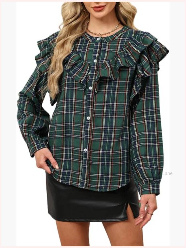 Women Plaid Ruffle Blouse Long Sleeve Button Down Shirt Christmas Tartan Top